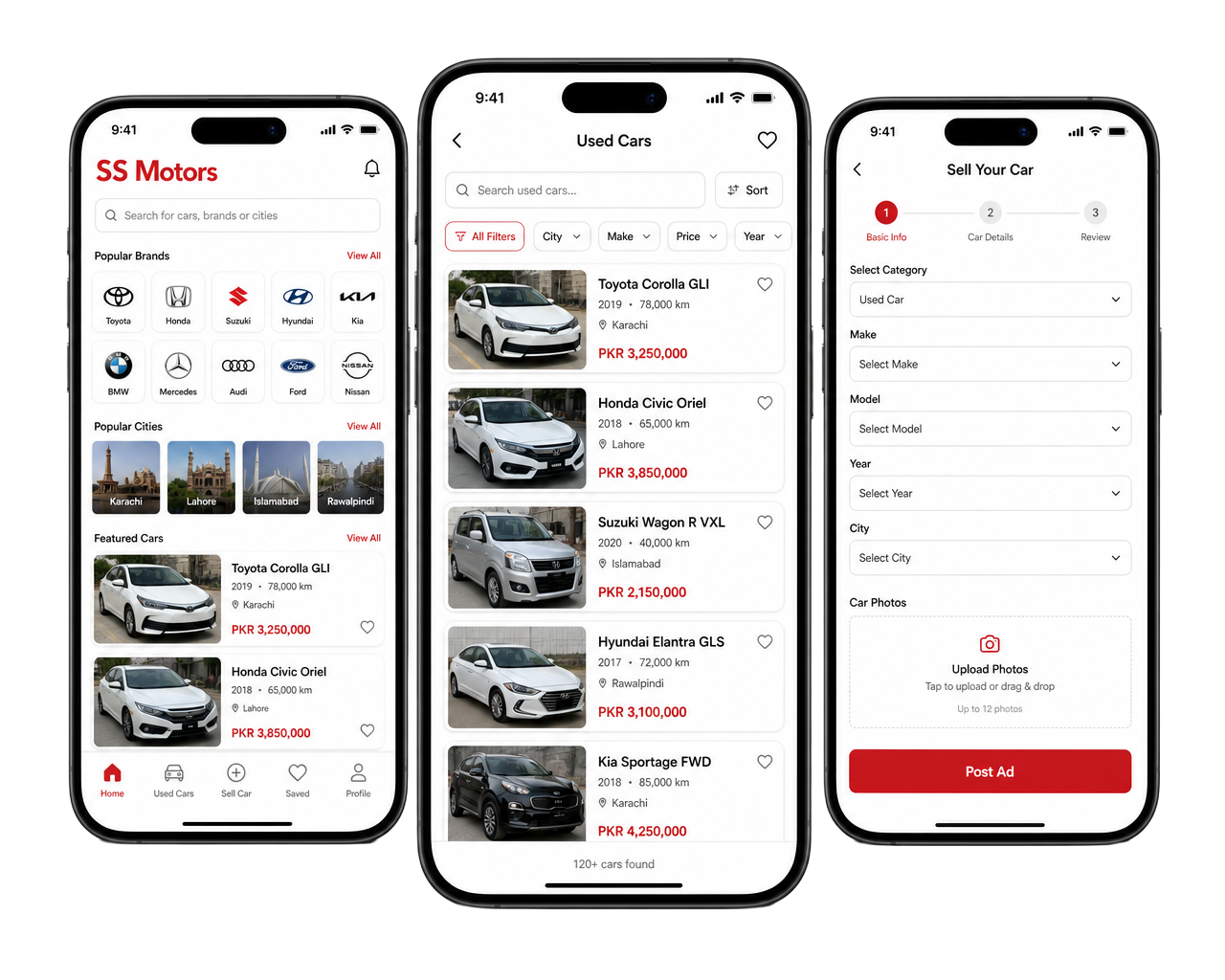 SS Motors app preview showing home, used cars and sell car screens